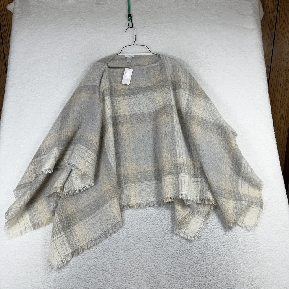 J. Jill Poncho Sweater size S-L Gray Cream White Plaid Fringe Loose Cozy 89$ NWT